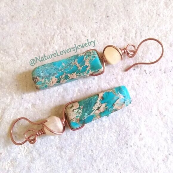 BOHO-LISCIOUS! Turquoise Sea Sediment Jasper Bar + Rough Citrine Dangle Earrings - Picture 1 of 7